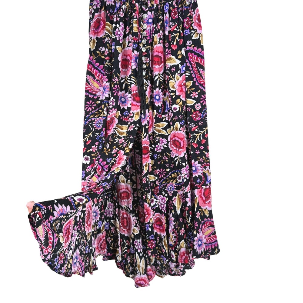 VTG Cynthia Rowley Floral Maxi Skirt Size S Black Pink Tiered Boho Smocked Fairy - Picture 6 of 8